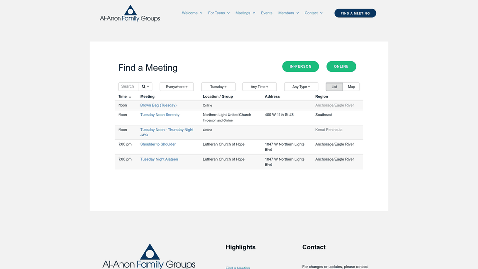 Screenshot: Alaska Al-Anon meeting list table with dates, locations, and meeting types.