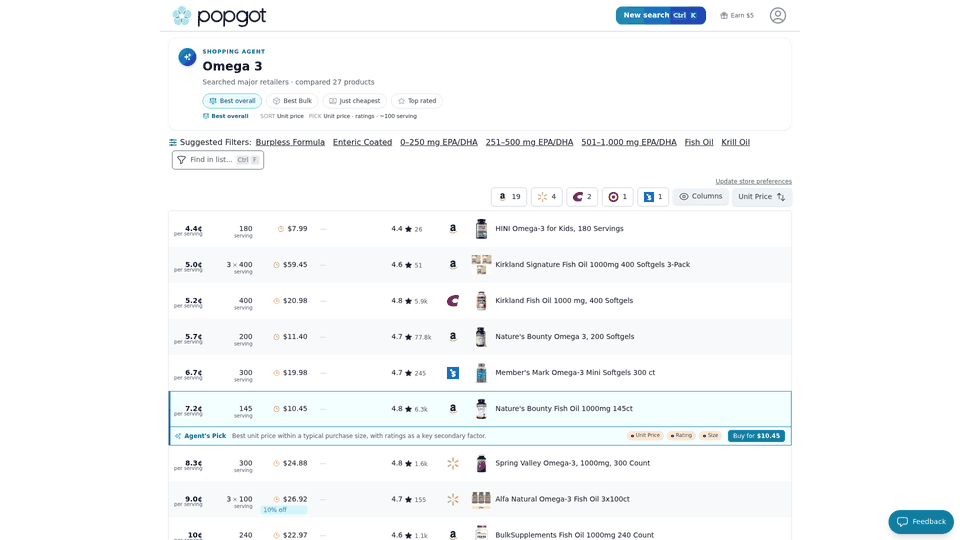 Screenshot: Unit‑price comparison for Omega‑3 supplements, showing how Popgot verifies EPA/DHA content and presents per‑serving pricing.