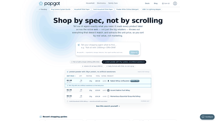 Screenshot: Popgot's search interface showing how users input product specifications (e.g., fish oil with at least 1000 mg EPA+DHA) and receive unit‑price sorted results.