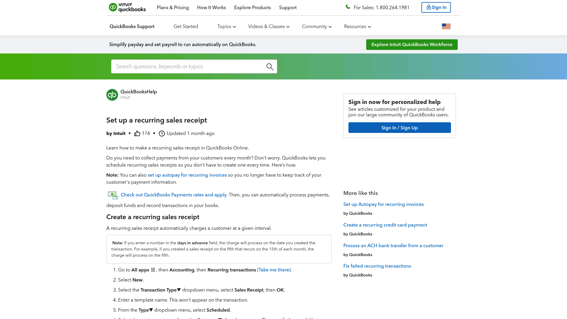 Screenshot: Instructions for setting up a recurring sales receipt, demonstrating how to configure recurring payments in QuickBooks.
