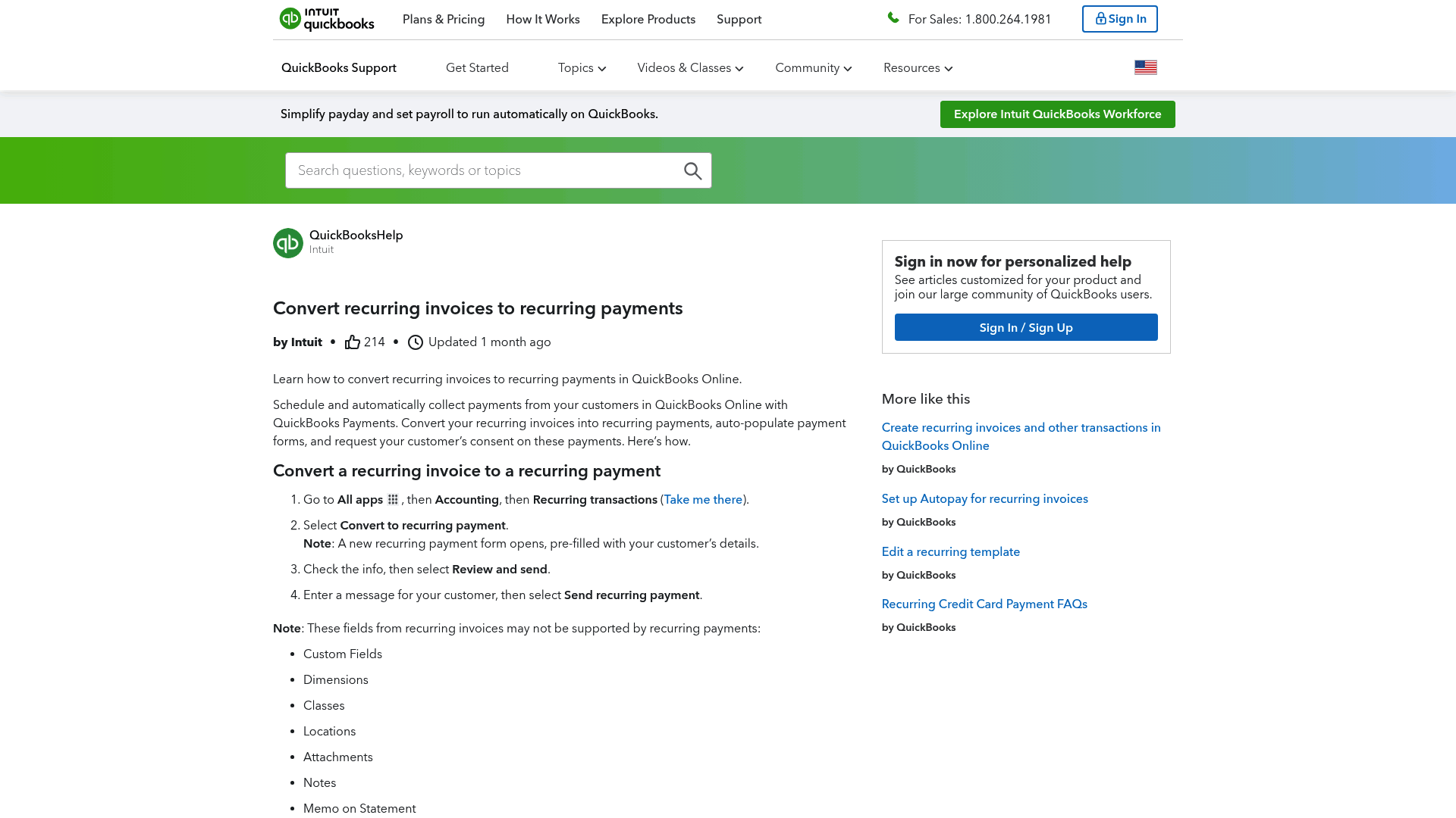 Screenshot: Step‑by‑step guide to converting recurring invoices to recurring payments, including consent expiration details.