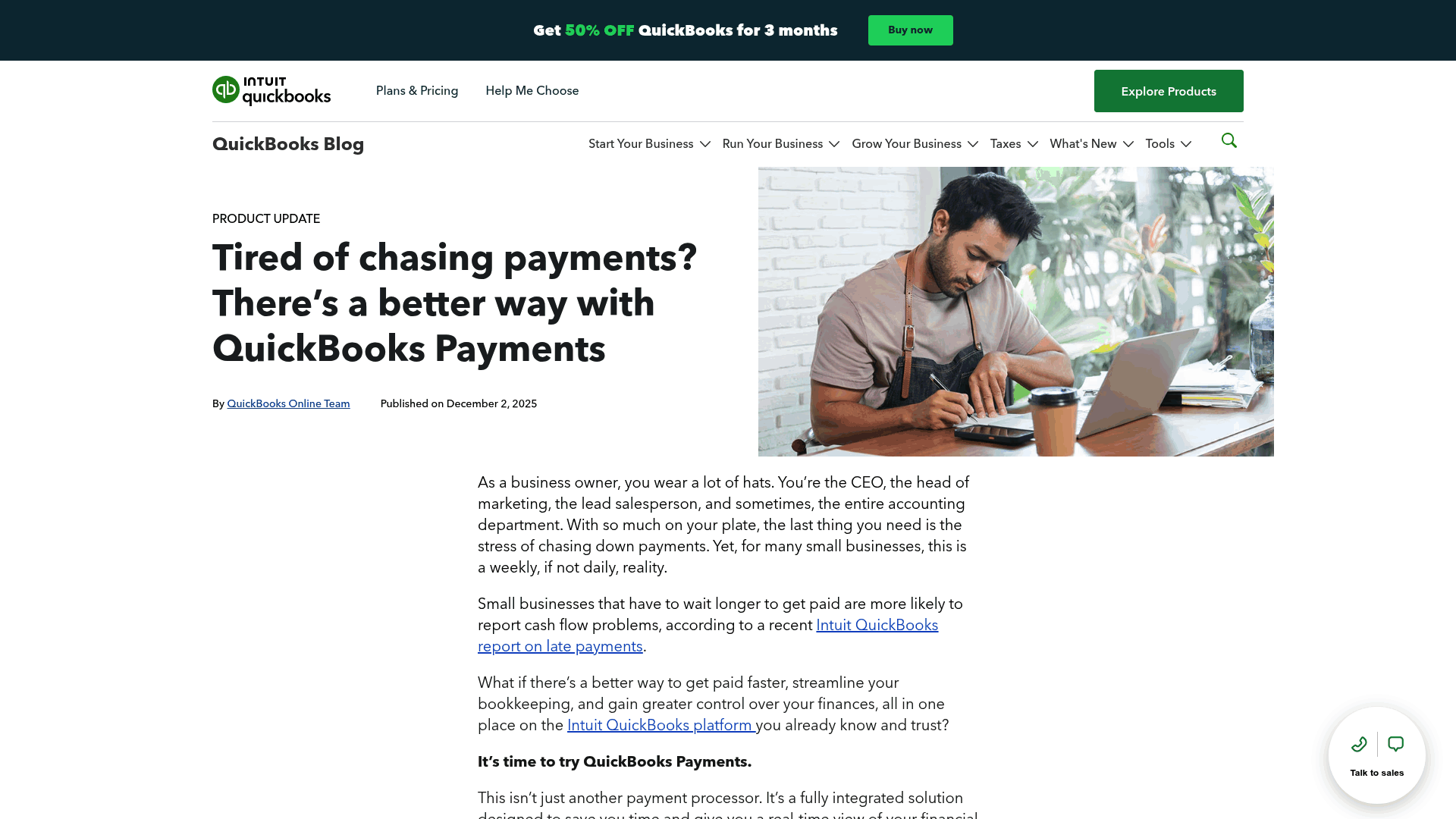 Screenshot: QuickBooks Payments product update page showing the &lsquo;Limited availability&rsquo; note for recurring payments.