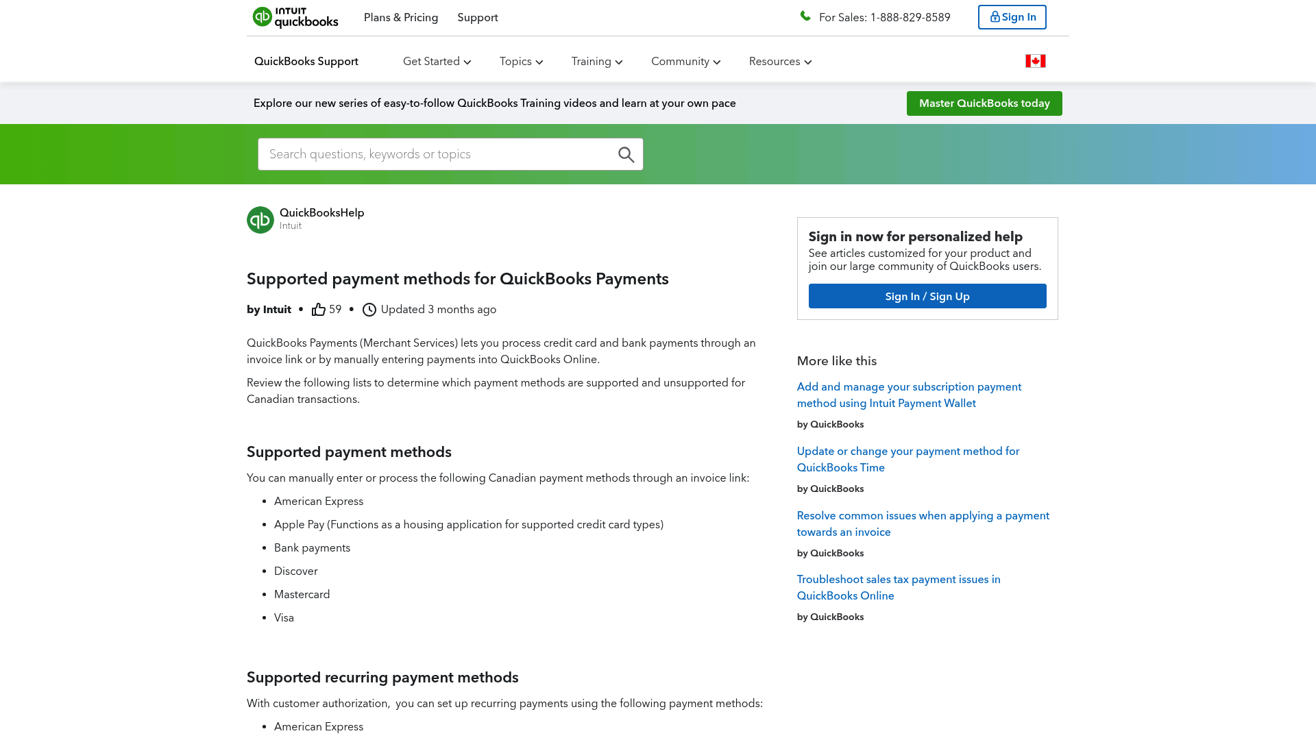 Screenshot: Supported and unsupported payment methods for QuickBooks Payments, showing which methods work with recurring payments.