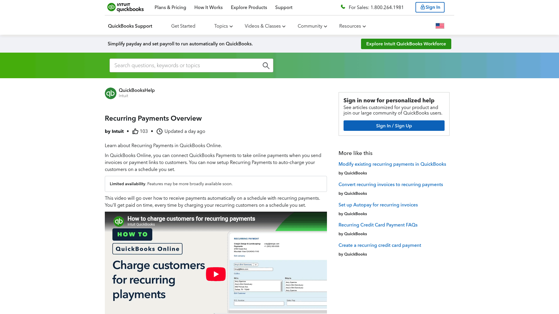 Screenshot: Overview of QuickBooks recurring payments, highlighting benefits, limited availability, consent rules, and supported payment methods.