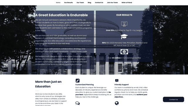 Screenshot: Visual snapshot of the firm's proven results – over 65% admitted to Top 10 + Ivy League schools and $1 million+ in scholarships earned.