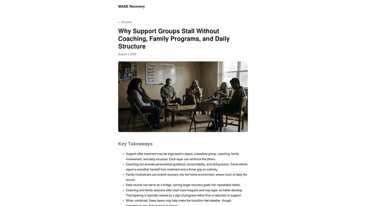 Screenshot: Table summarizing the typical benefits of baseline support group, coaching, family involvement, and daily routine.