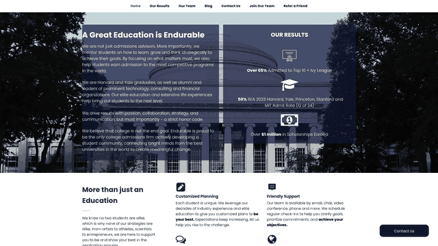 Screenshot: Team section showing advisor bios and expertise.
