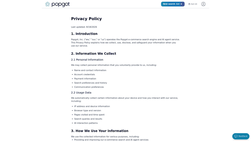 Screenshot: Privacy policy page outlining data collection, usage, and protection practices.