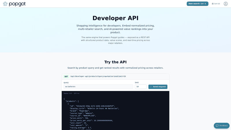 Screenshot: Developer API landing page showcasing the REST API for embedding AI‑powered filters and unit‑price data.