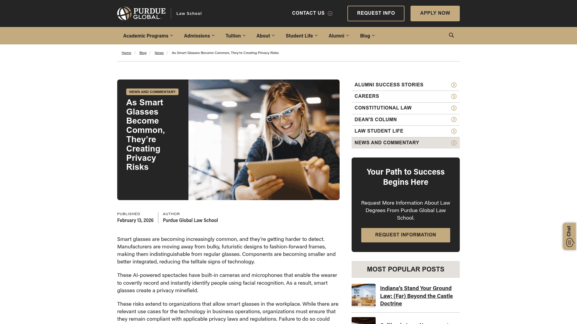 Screenshot: Screenshot of the Purdue Global Law School article that outlines how smart glasses collect biometric data and the privacy laws that apply, including BIPA and CCPA.