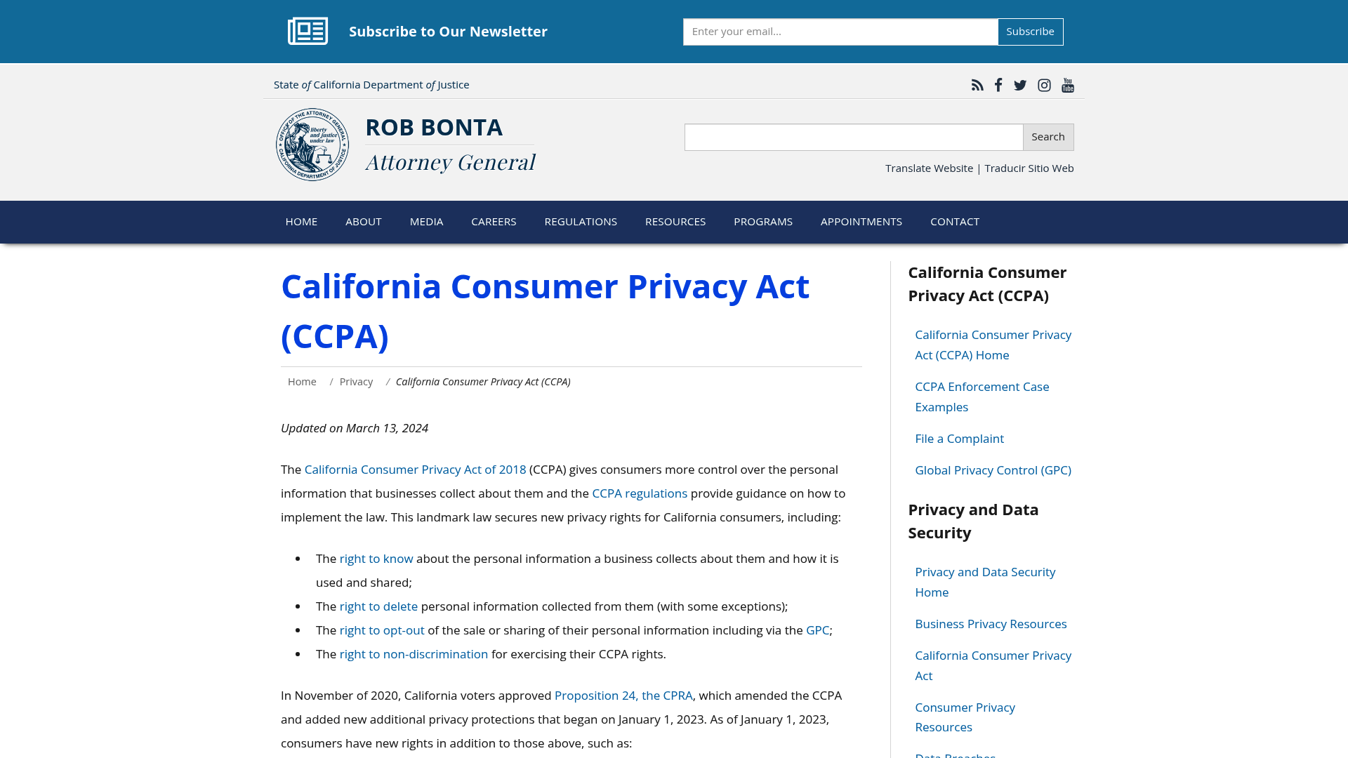 Screenshot: Screenshot of the California Attorney General’s CCPA page showing the definitions of personal and sensitive personal information.