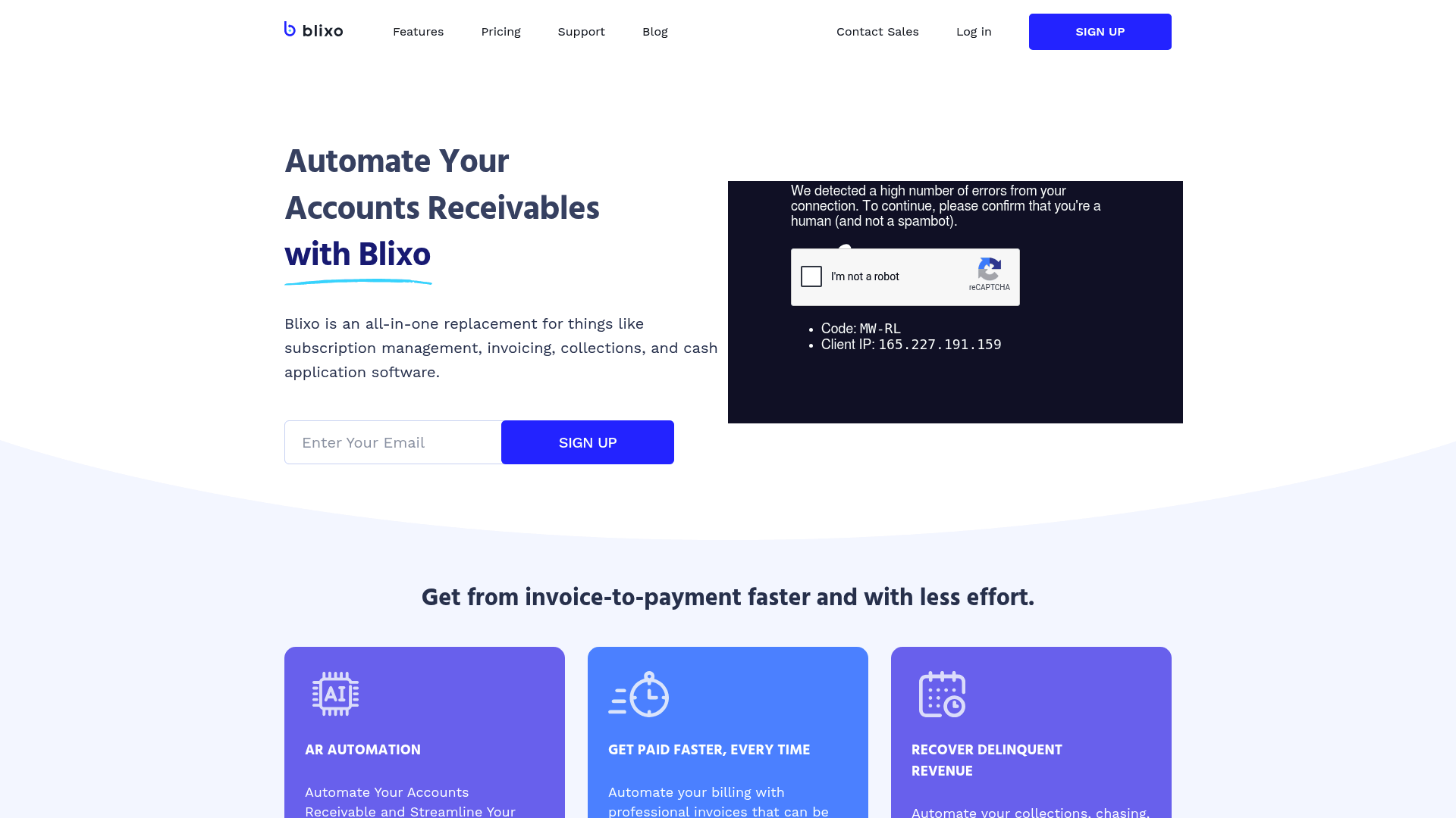 Screenshot: Screenshot of Blixo’s features section showcasing automation capabilities such as subscription billing, automated collections, and cash application.