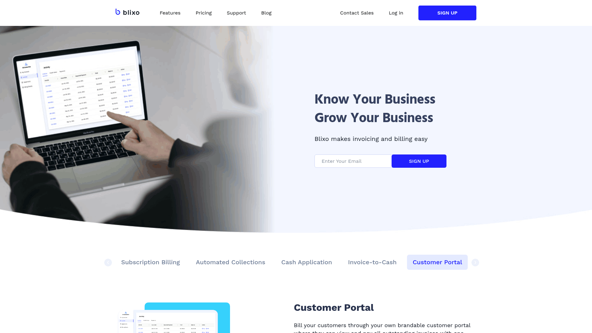 Screenshot: Blixo customer portal interface
