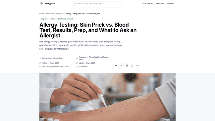 Screenshot: Comparison table of skin‑prick and specific IgE blood tests, highlighting how each test works, timing, and best‑fit scenarios.