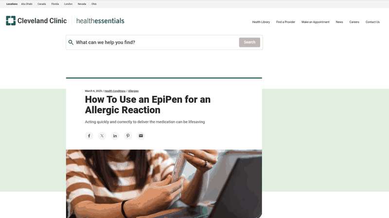 Screenshot: Step‑by‑step guide and images for using an EpiPen during an allergic reaction.