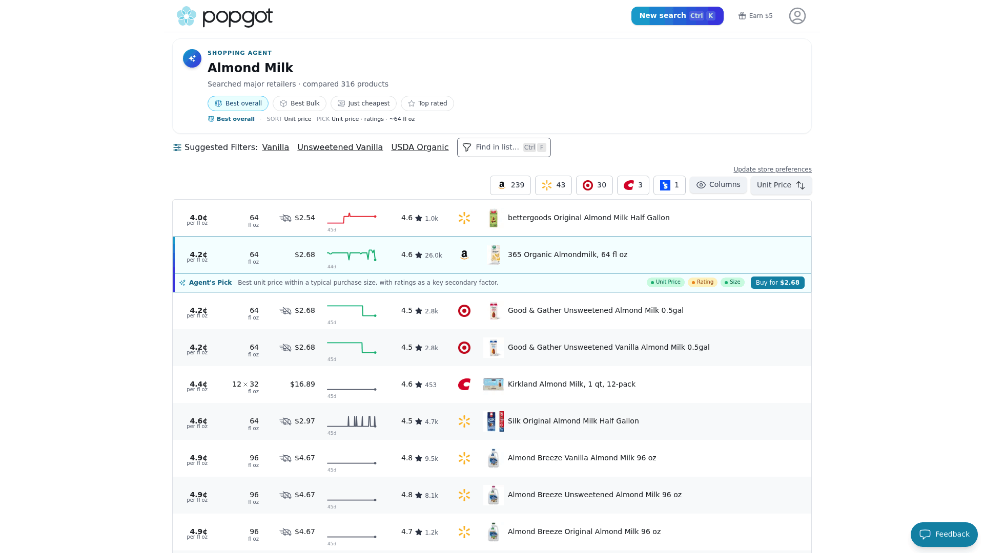 Screenshot: An example product page showing unit pricing, filters, and verified product details from multiple retailers.