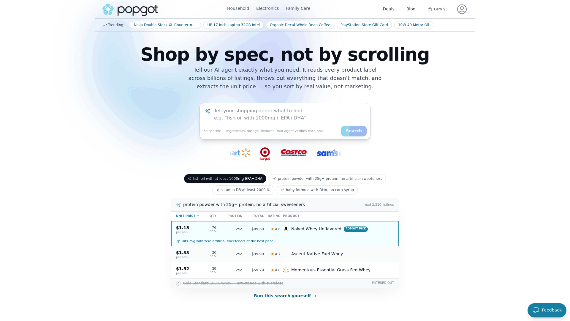 Screenshot: Popgot search interface displaying product results with automatically calculated unit prices and ingredient verification.