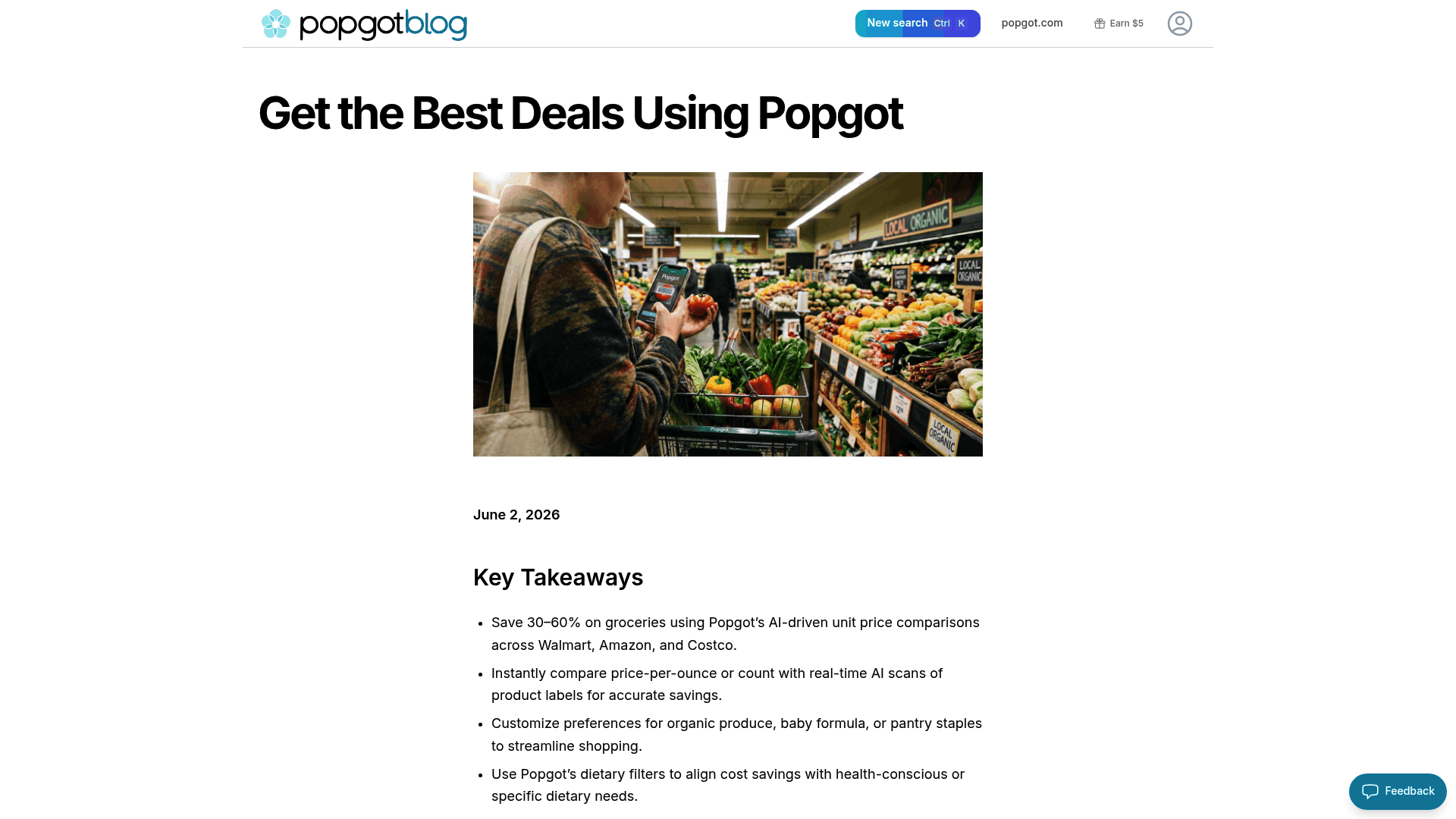 Screenshot: Popgot blog page highlighting AI‑driven unit price comparisons across Amazon, Walmart, and Costco, with examples of shampoo pricing.