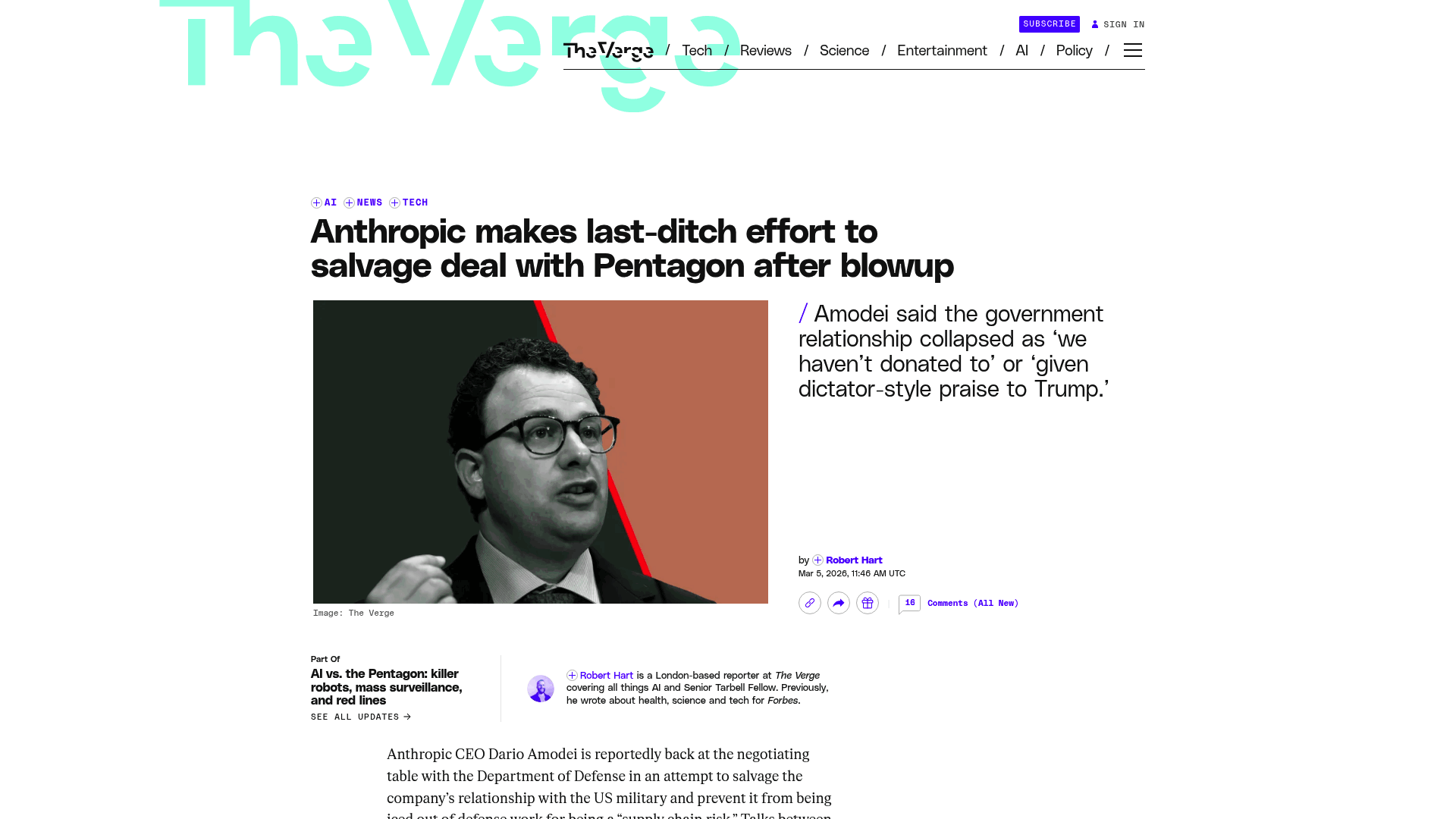 Screenshot: Full page screenshot of The Verge article detailing the Pentagon’s AI access demands and the resulting stall.