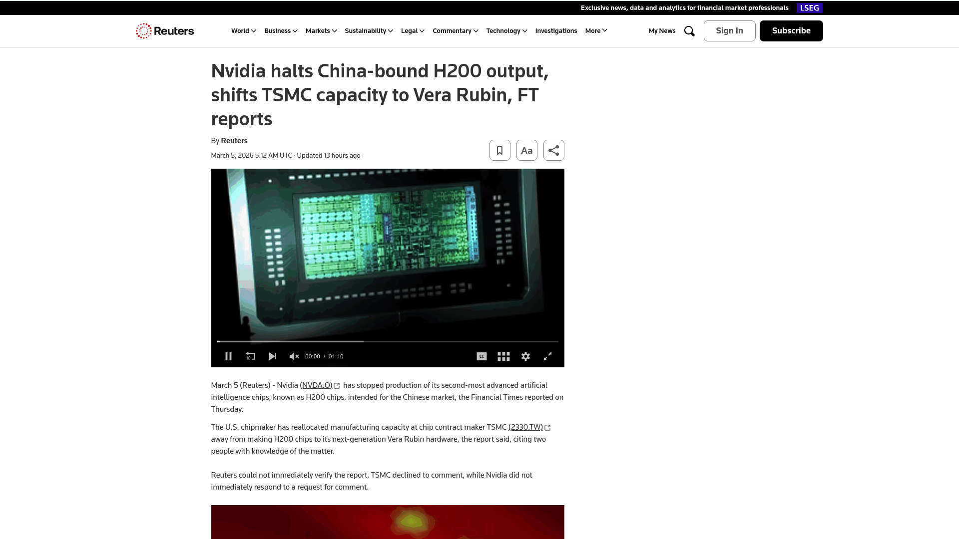 Screenshot: Full page screenshot of Reuters reporting Nvidia’s halt of H200 chip production for China.