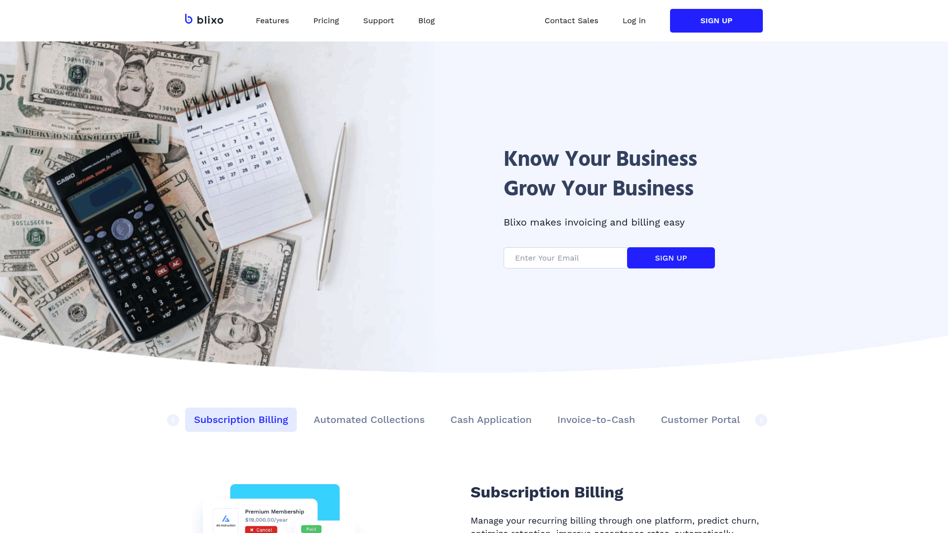 Screenshot: Overview of subscription billing capabilities, including recurring payments, churn prediction, and revenue recognition.