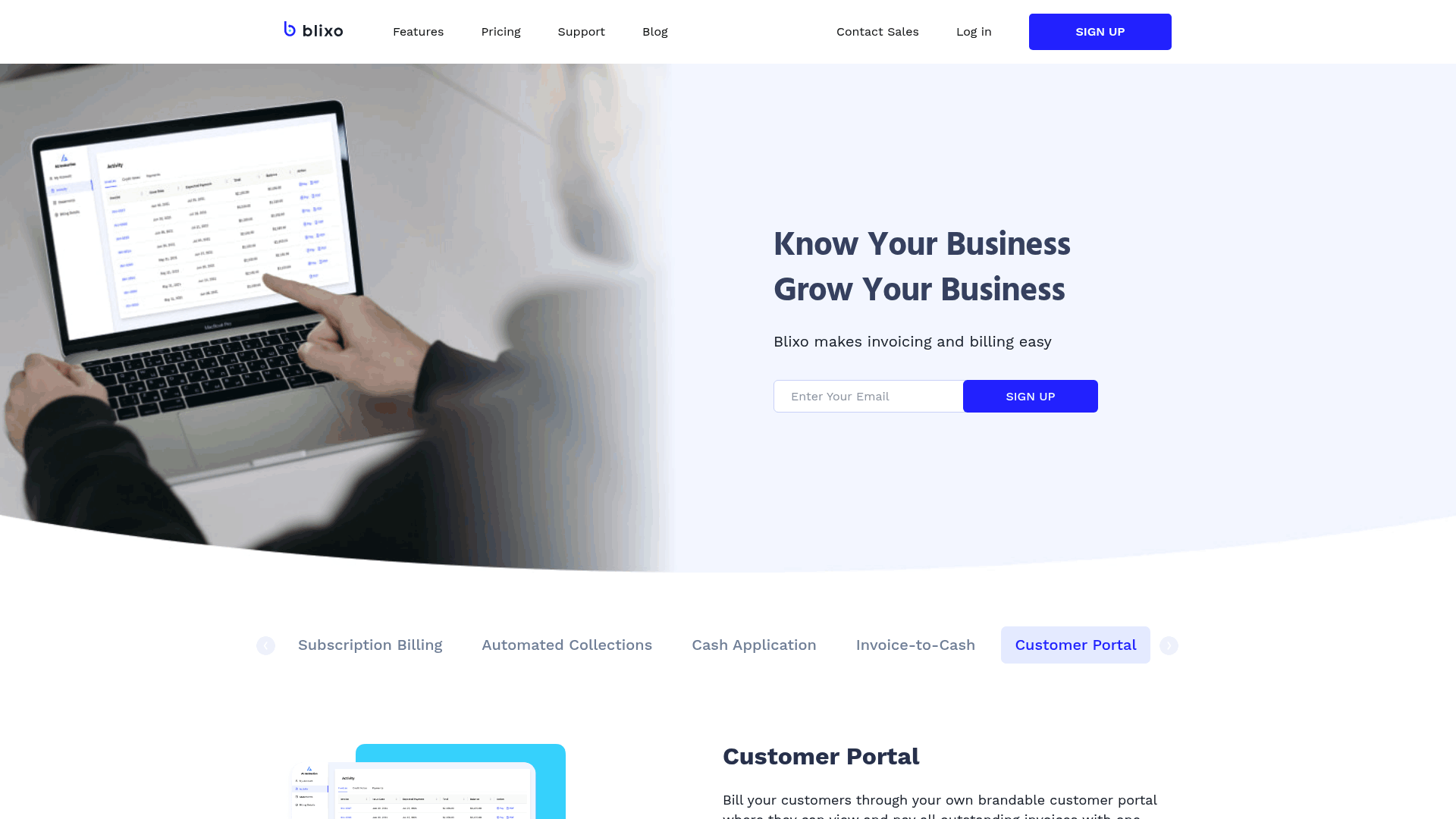 Screenshot: Screenshot of the Customer Portal page showing the self‑service portal where customers can view, pay invoices, and manage payment methods.