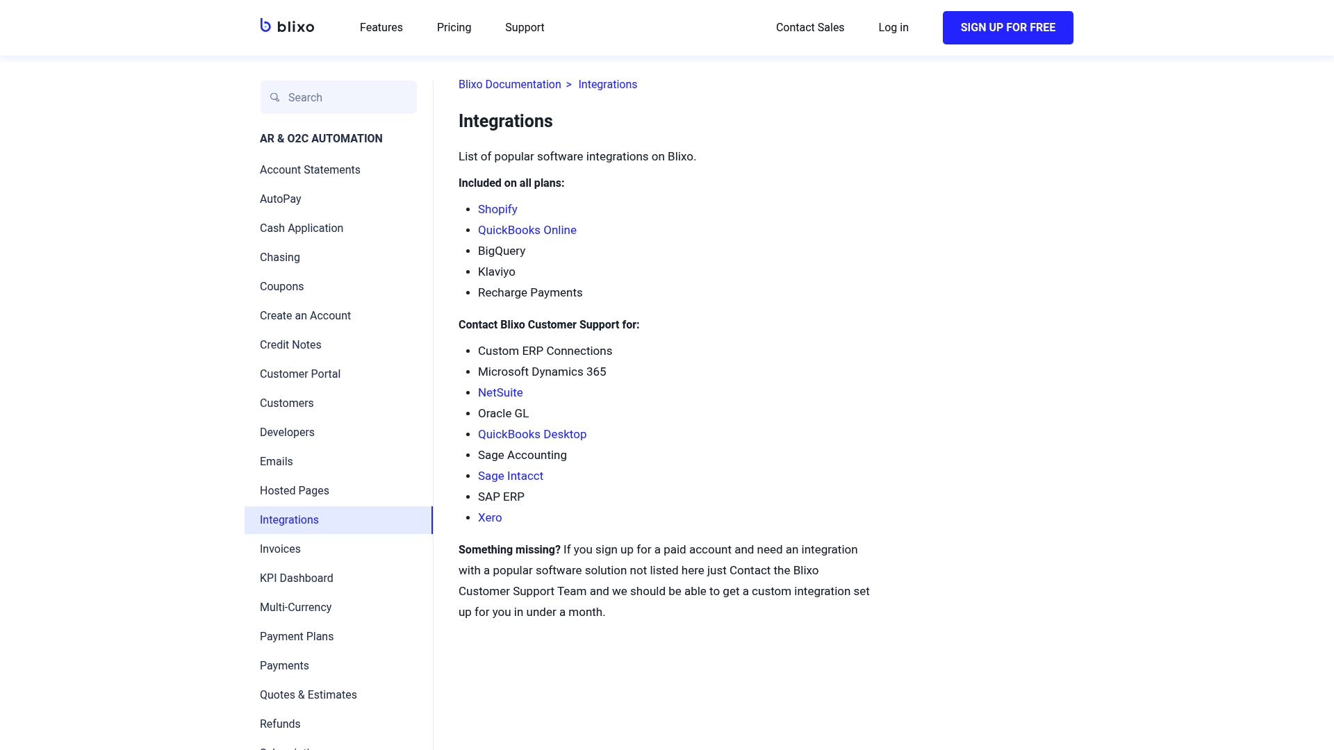 Screenshot: Screenshot of the Integrations documentation page, listing supported integrations (e.g., QuickBooks, Xero, Shopify, NetSuite).