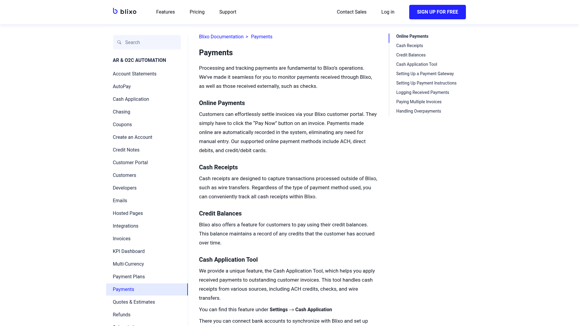 Screenshot: Payments documentation page outlining online payments, cash receipts, and payment gateway setup.