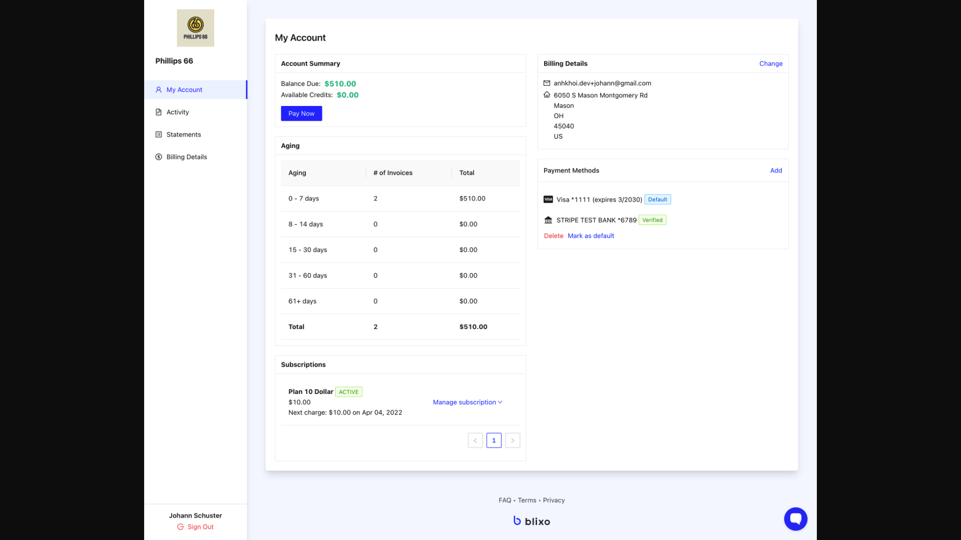 Screenshot: Screenshot of the My Account page in Blixo&rsquo;s customer portal.