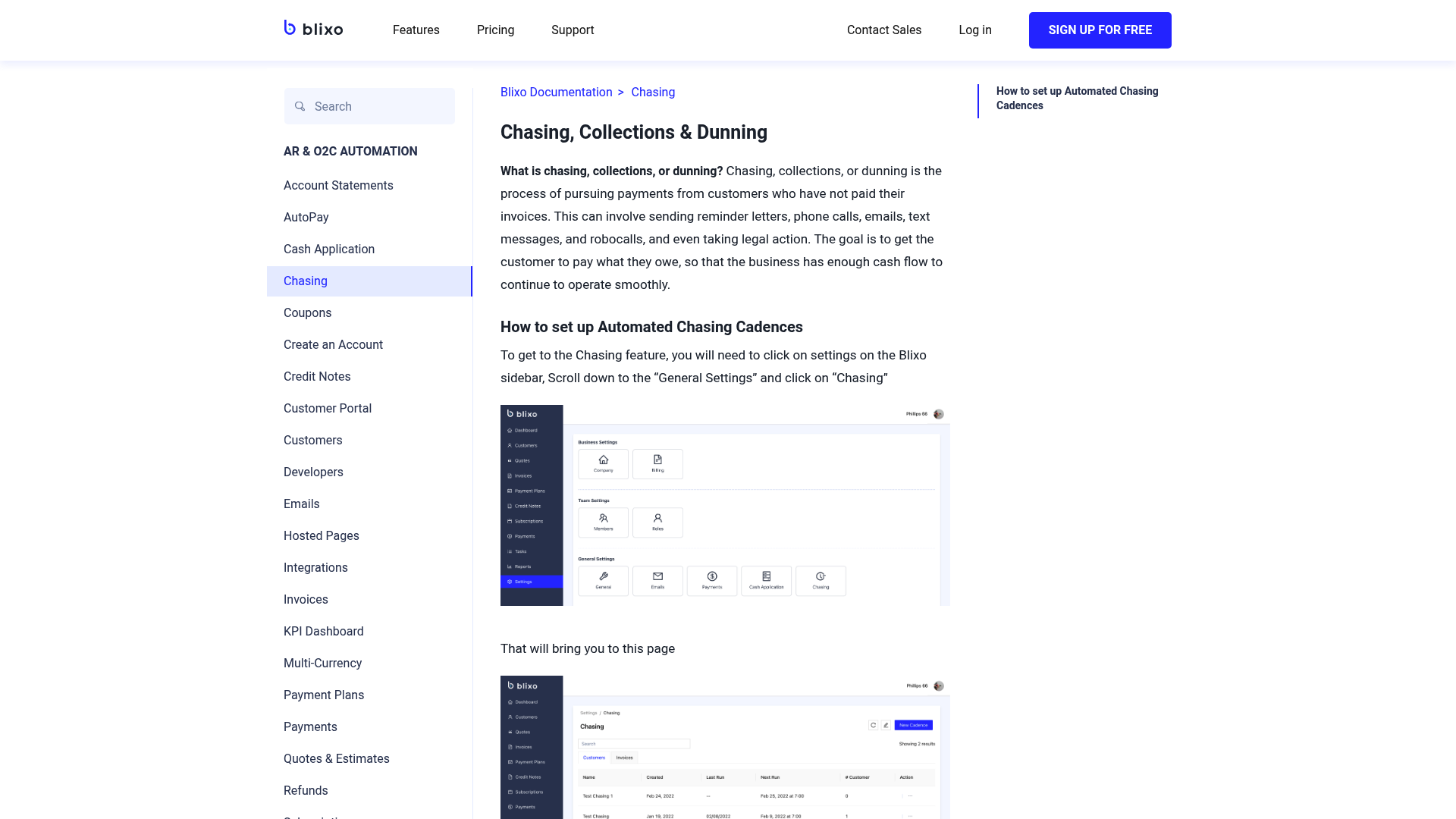 Screenshot: Screenshot of the Chasing documentation page, depicting the cadence setup interface for automated collections.