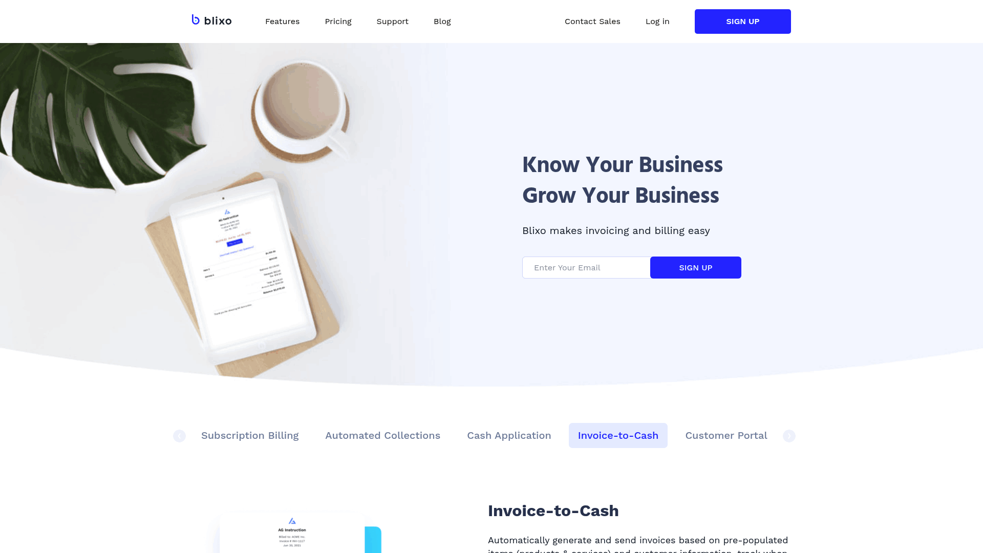 Screenshot: Feature list for automated invoicing, recurring invoices and invoice view tracking.