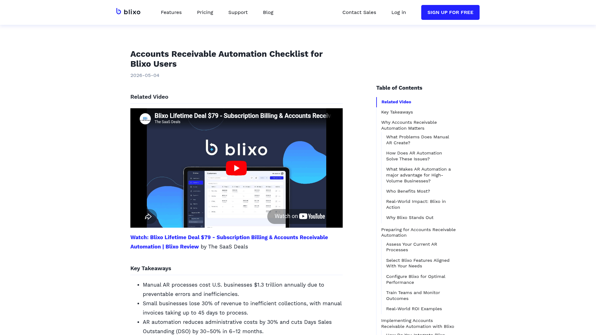 Screenshot: Checklist page highlighting key steps for automating accounts receivable.