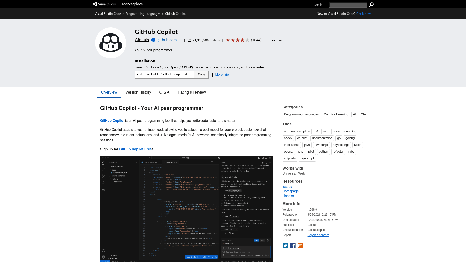 Screenshot: VS Code marketplace page for the GitHub Copilot extension.