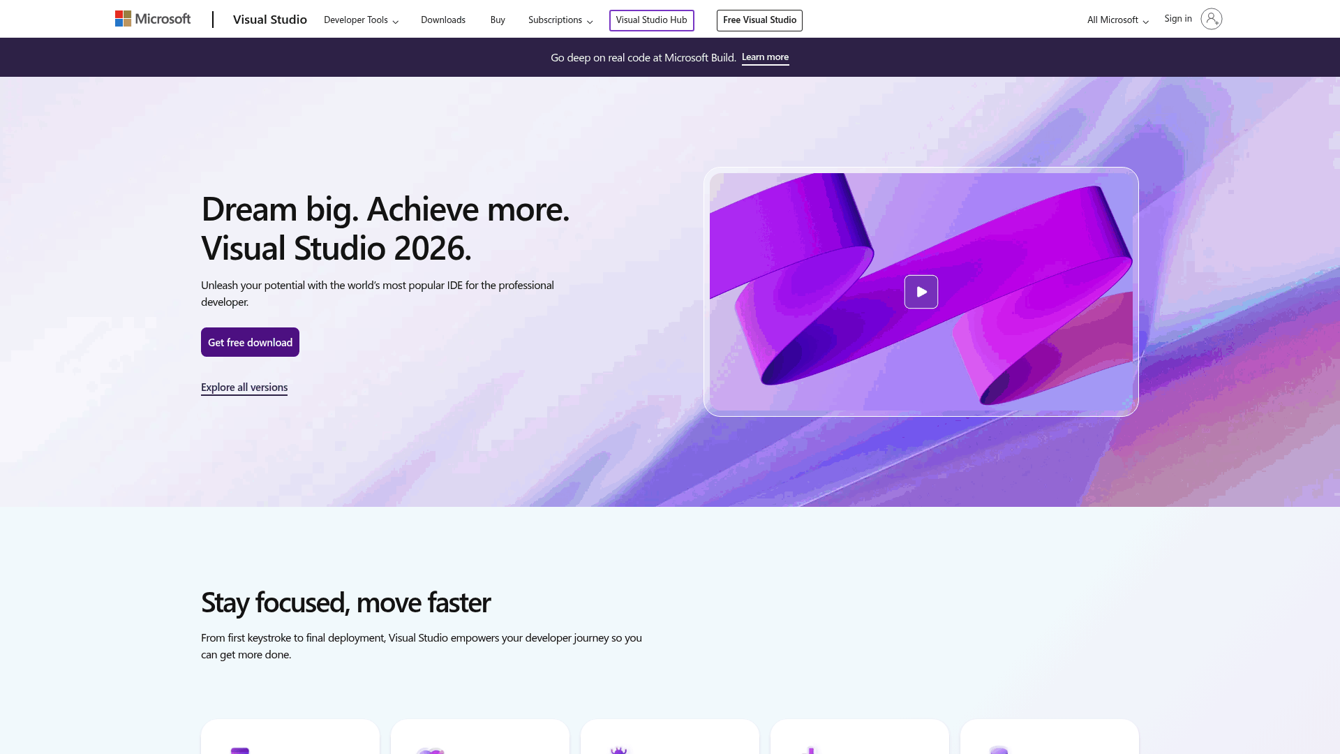 Screenshot: Visual Studio 2026 landing page showcasing AI‑powered coding features.