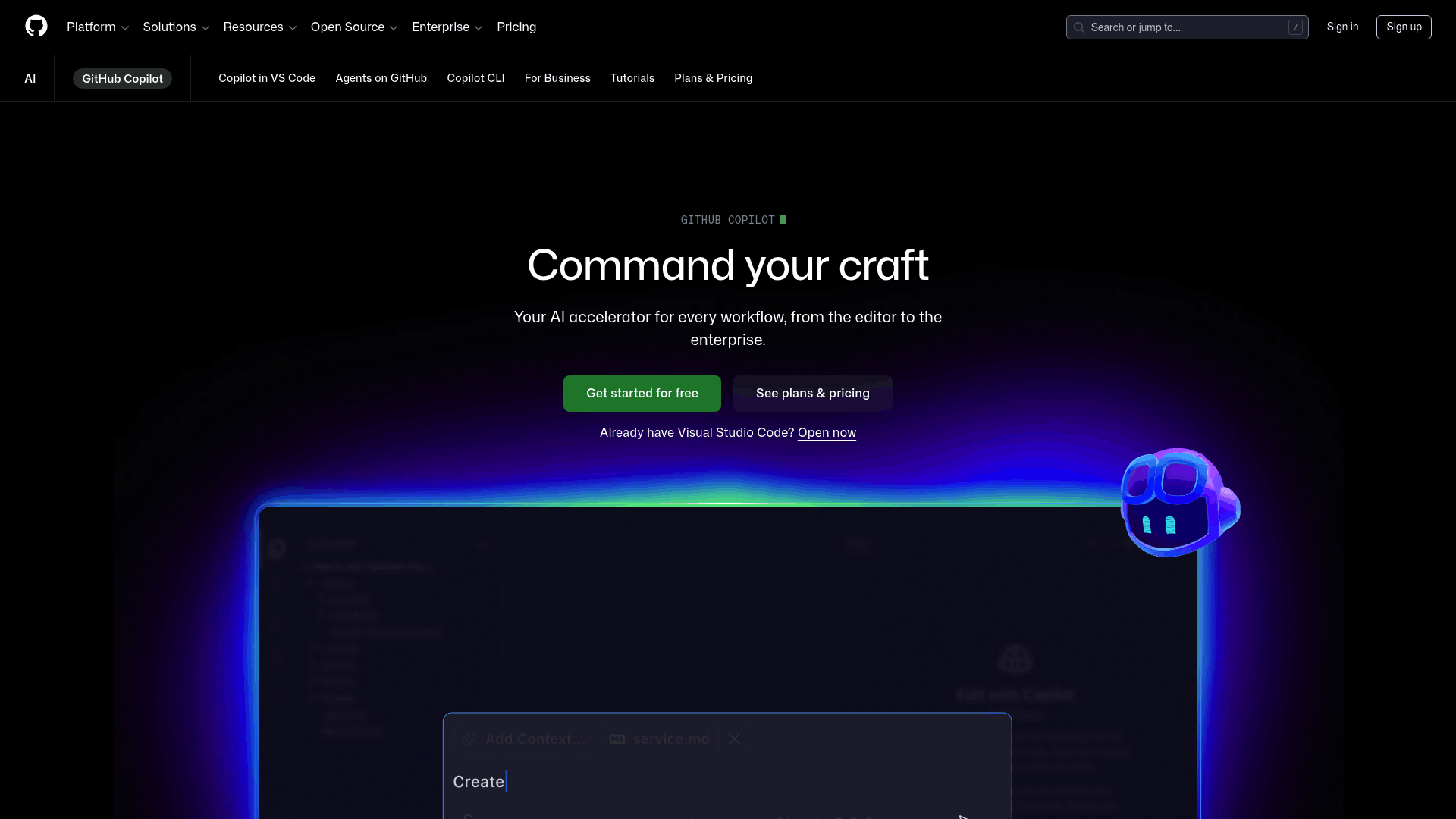 Screenshot: GitHub Copilot feature page highlighting AI assistance in code editors.