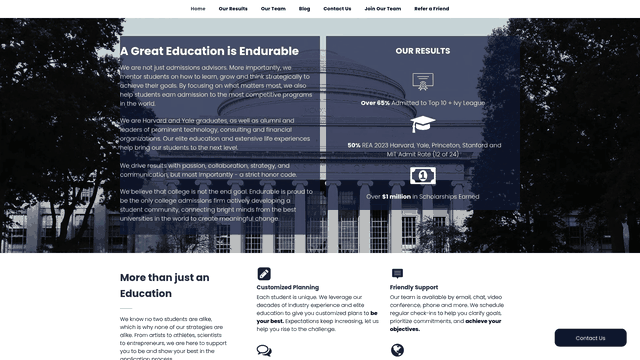 Screenshot: Visual summary of Endurable Education's admission success rates, including over 65% admitted to Top 10 + Ivy League schools and $1 million in scholarships earned.
