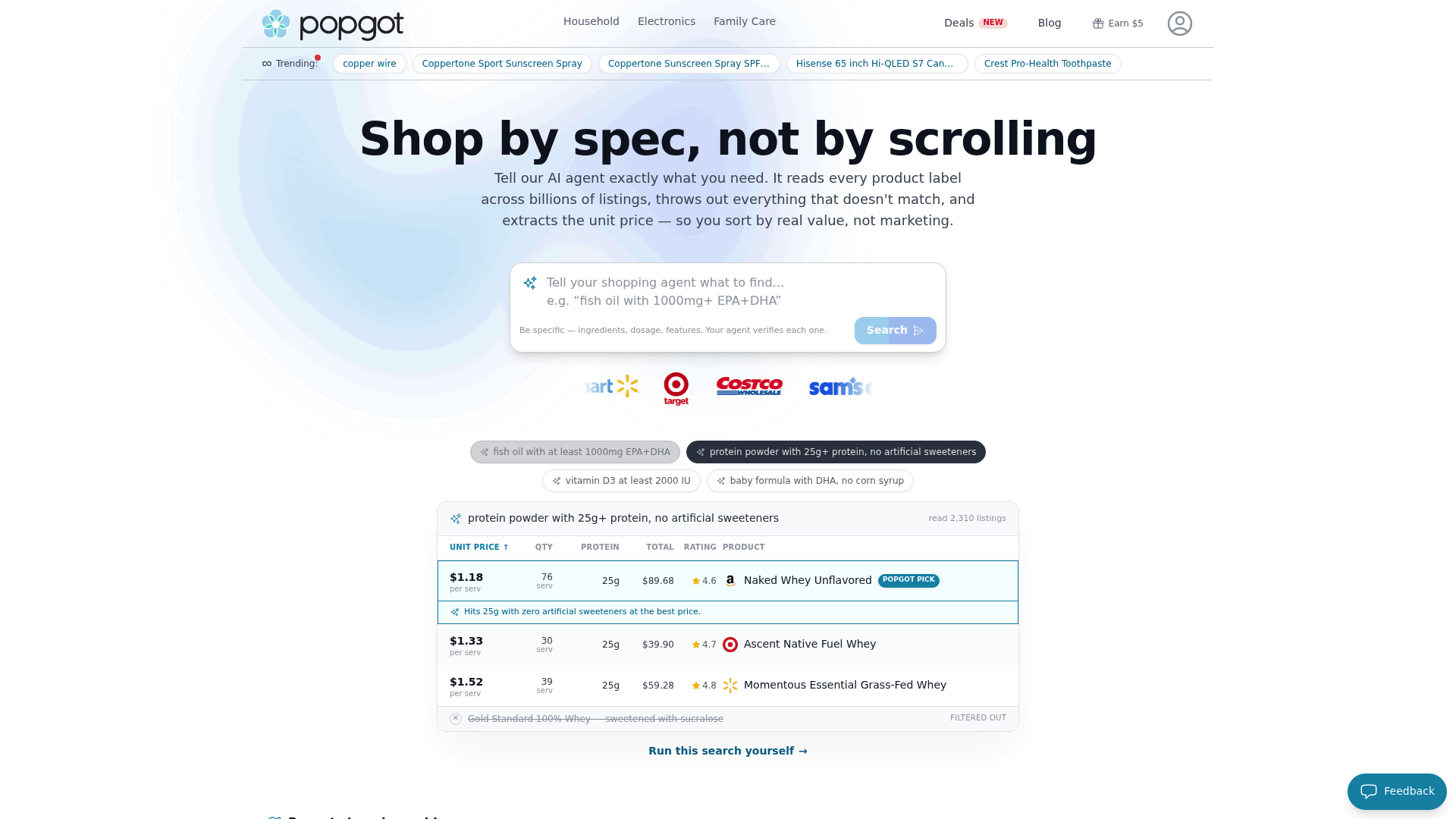 Screenshot: Popgot homepage with the search bar and feature highlights, demonstrating the AI‑driven search interface.