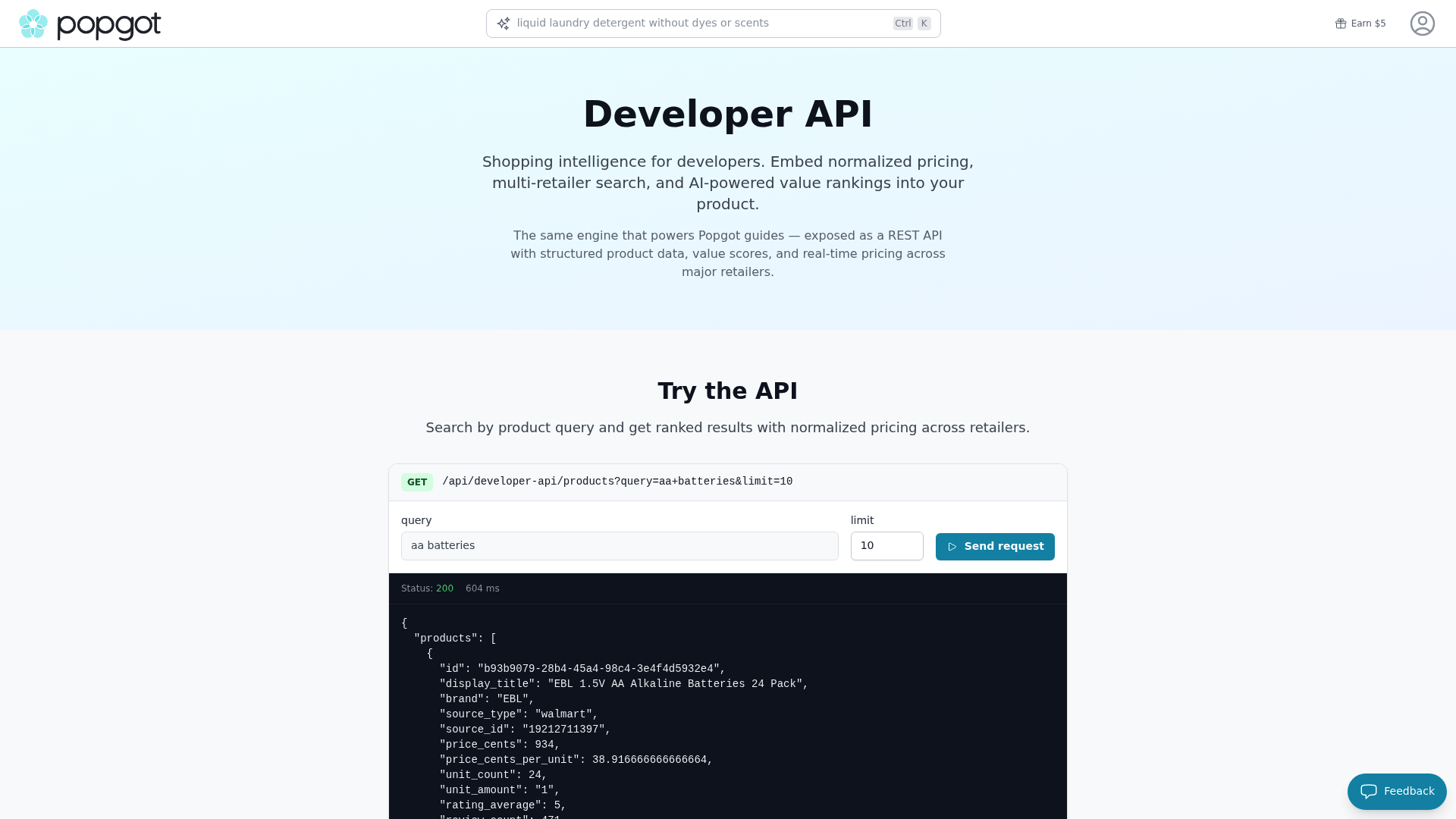 Screenshot: Screenshot of the API interface that accepts custom product queries, demonstrating how users can specify ingredients, dosage, and other filters.