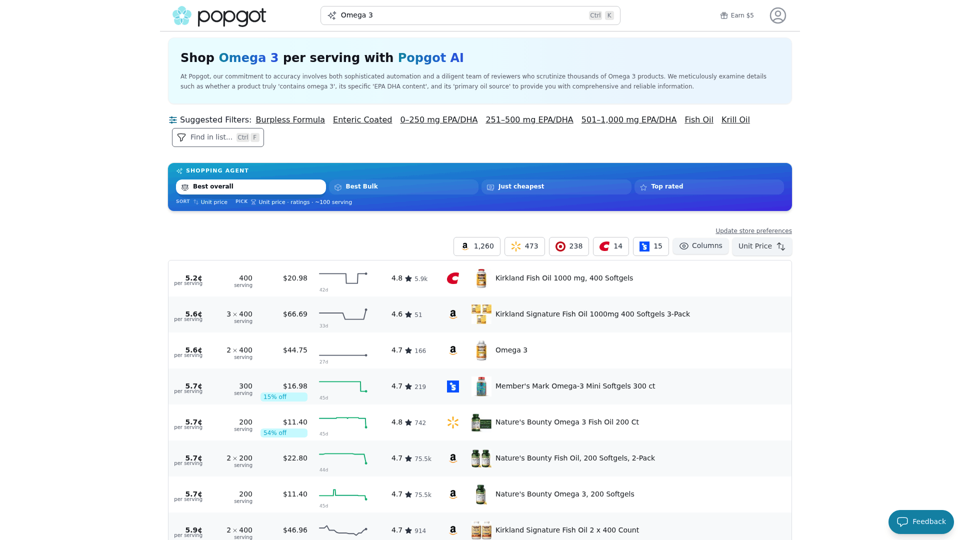 Screenshot: Shows the AI‑verified list of omega‑3 supplements, including only products that meet specified EPA/DHA requirements.