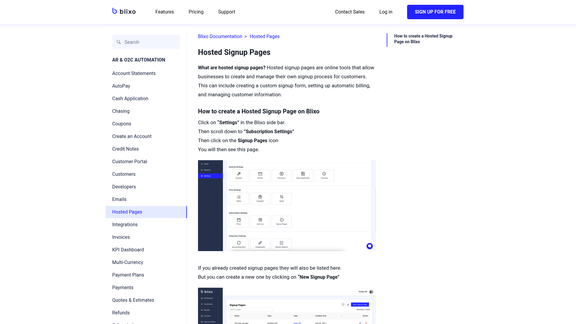 Screenshot: Shows the Hosted Pages documentation, including screenshots of settings, signup page creation, and item management.