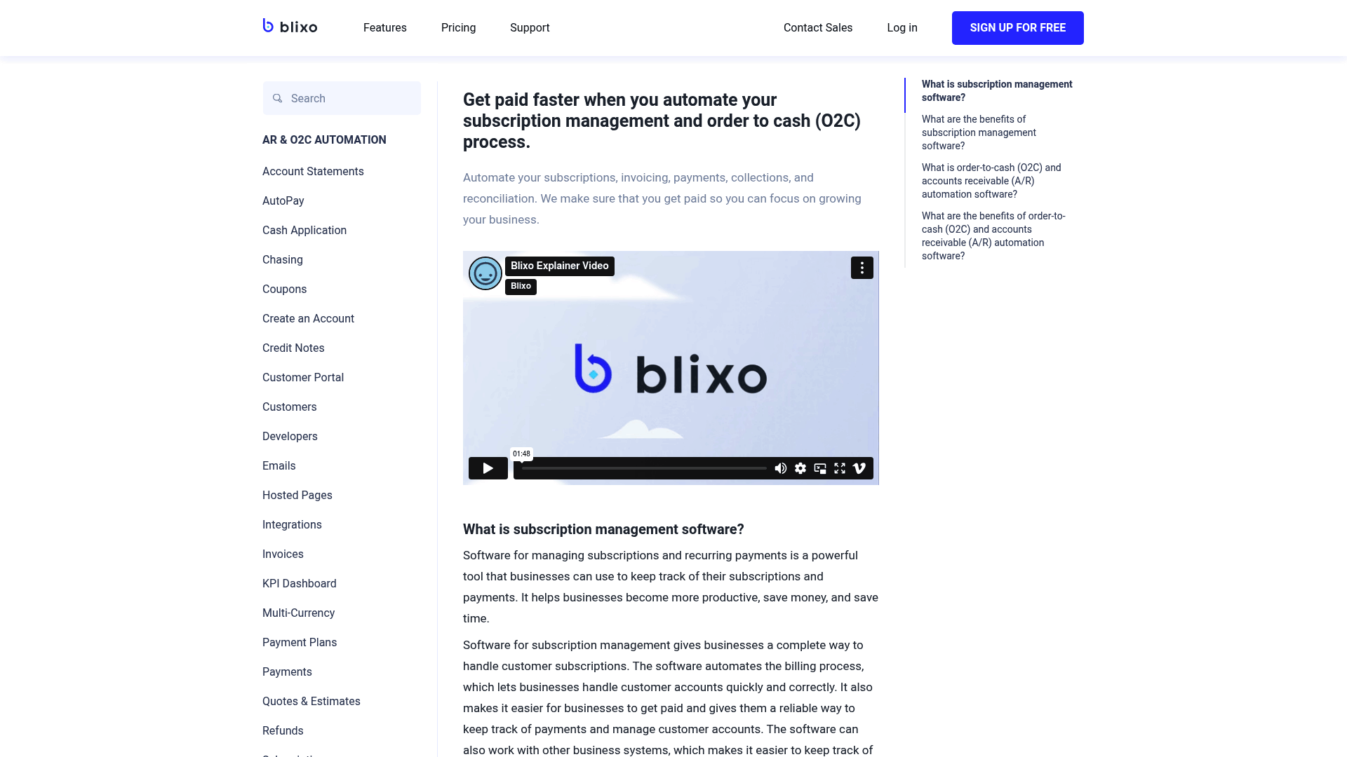 Screenshot: Snapshot of Blixo&rsquo;s documentation homepage, summarizing available resources for pricing and subscription management.
