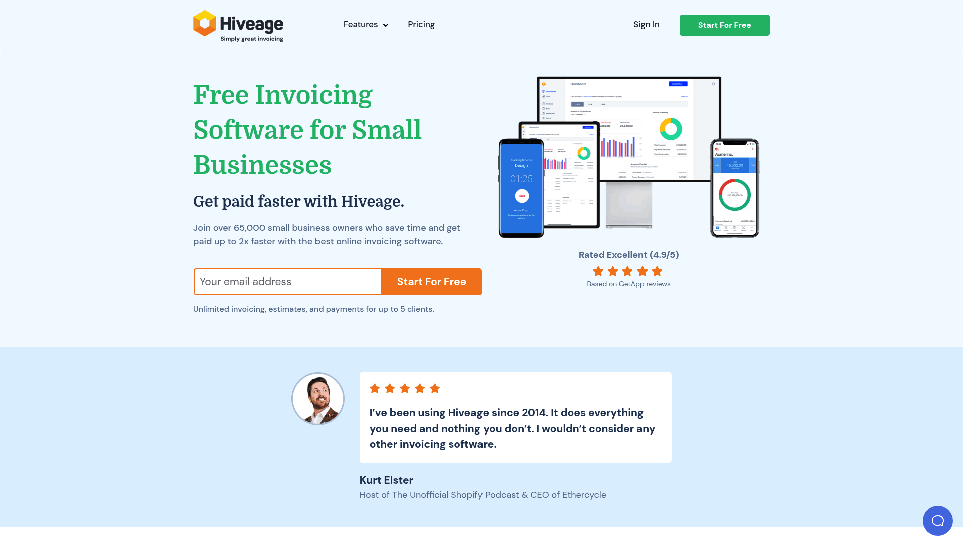 Screenshot: Hiveage homepage showcasing its invoicing interface and key features.