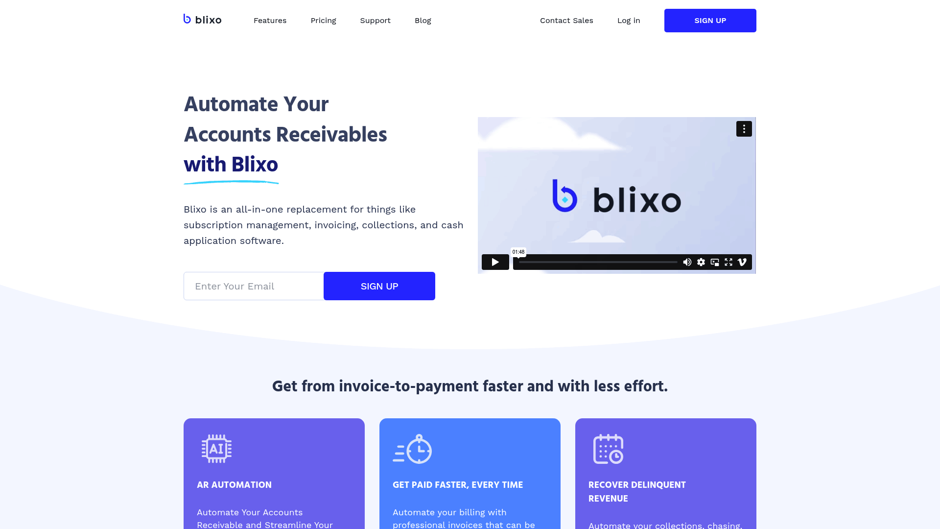 Screenshot: Blixo homepage showcasing the overall product layout, key features and brand messaging.