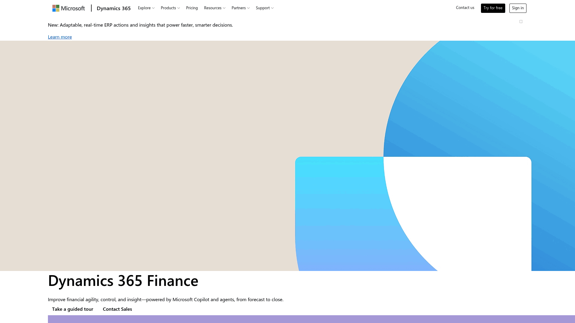 Screenshot: Full‑page view of the Microsoft Dynamics 365 Finance product page, showcasing its positioning and key capabilities.