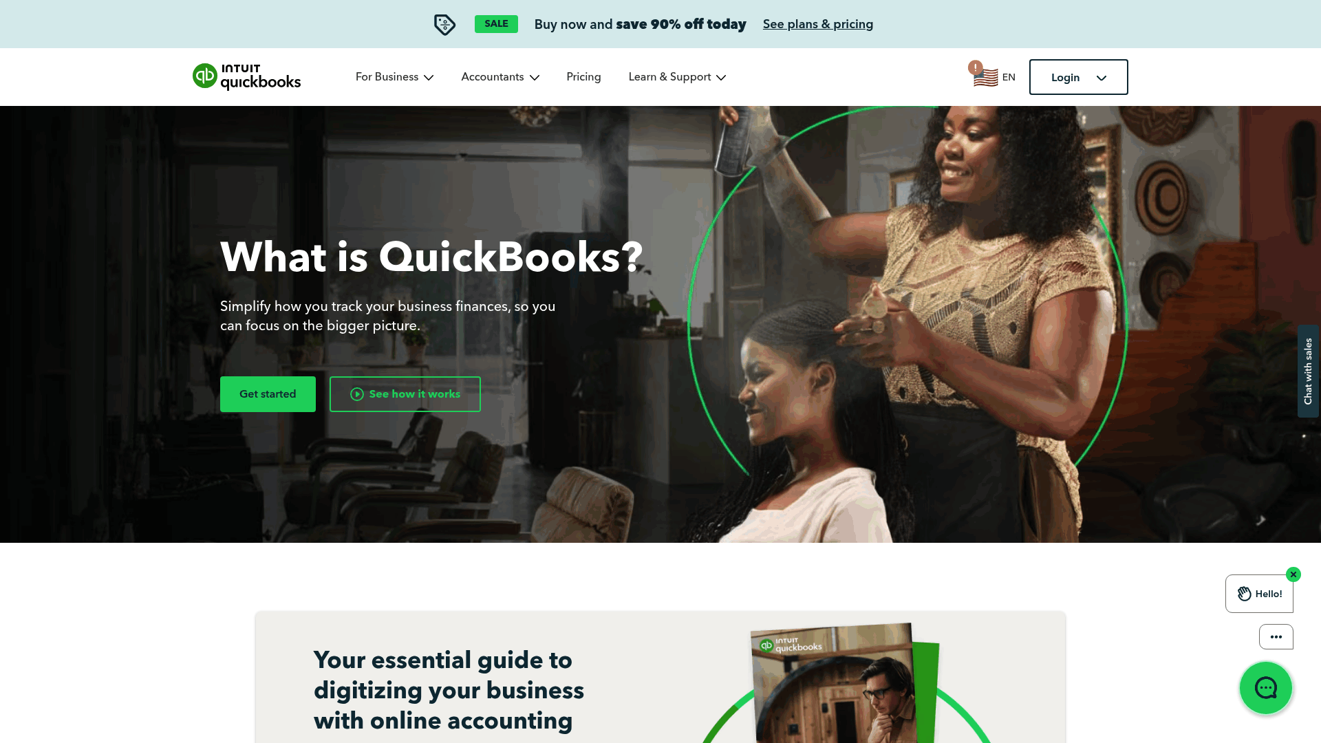 Screenshot: QuickBooks features page illustrating key functionalities like invoicing, bank feeds, and reporting.
