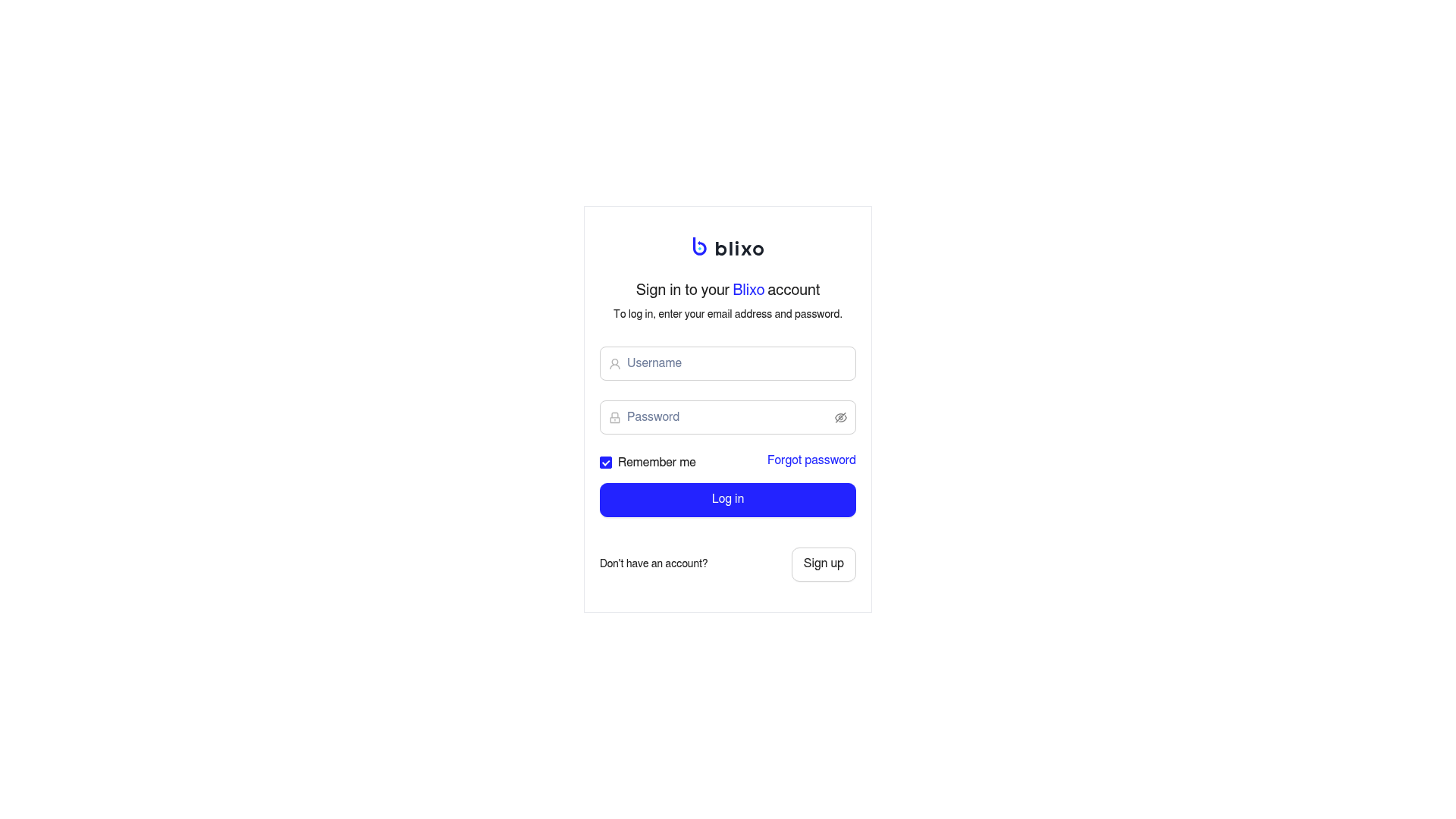 Screenshot: Blixo’s main login screen showing the email and password fields, login button, and branding.