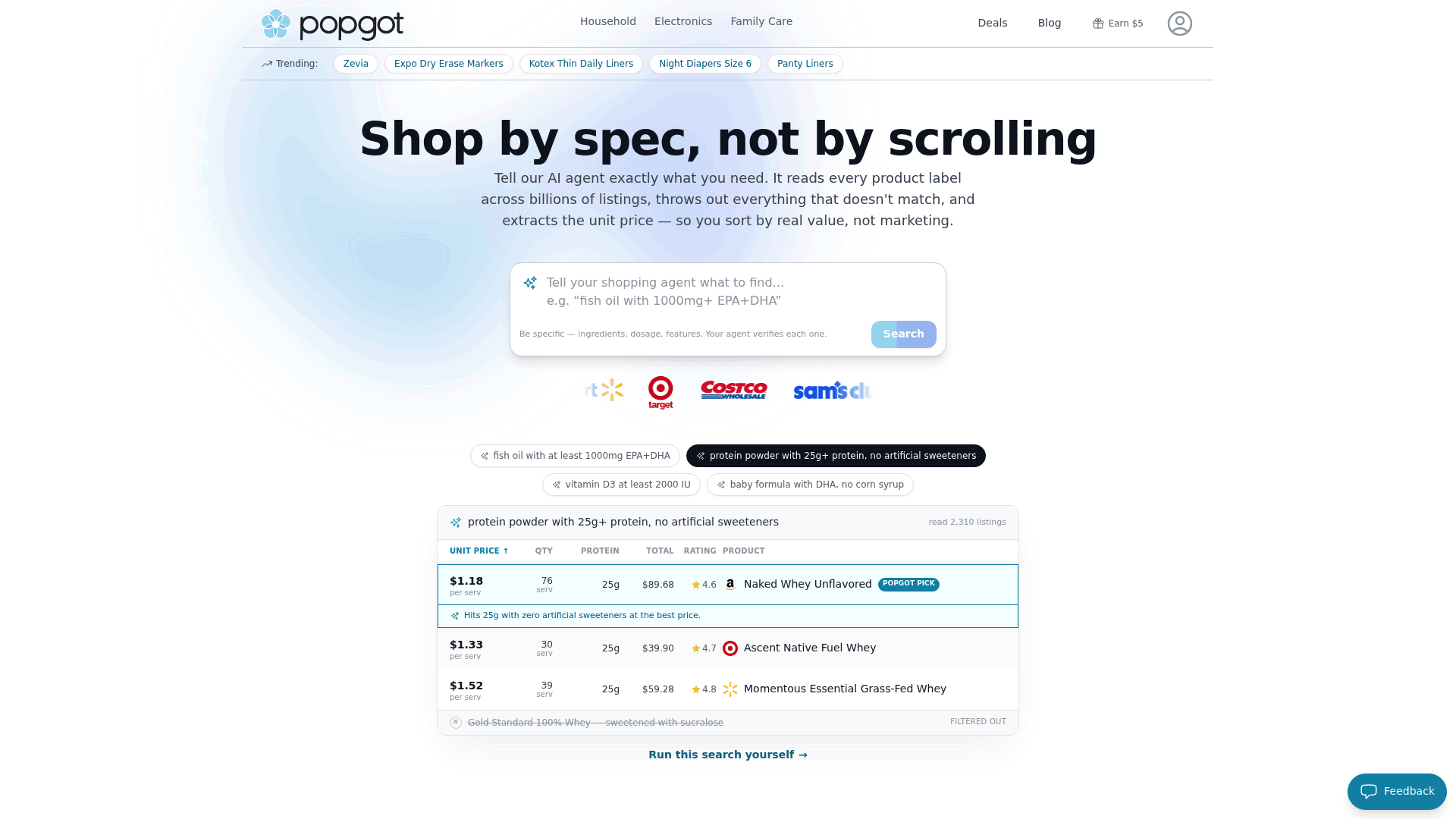 Screenshot: Screenshot of Popgot’s search interface with a sample keto grocery list query, showing the input field, ingredient specification, and the resulting filtered product list.