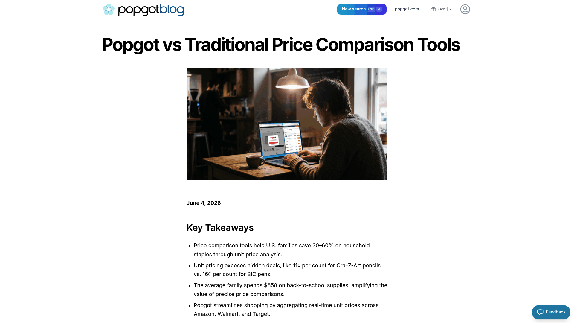Screenshot: Screenshot of the feature comparison table contrasting Popgot with traditional price‑comparison tools, highlighting key differences such as unit‑price calculation, retailer coverage, and AI filtering.