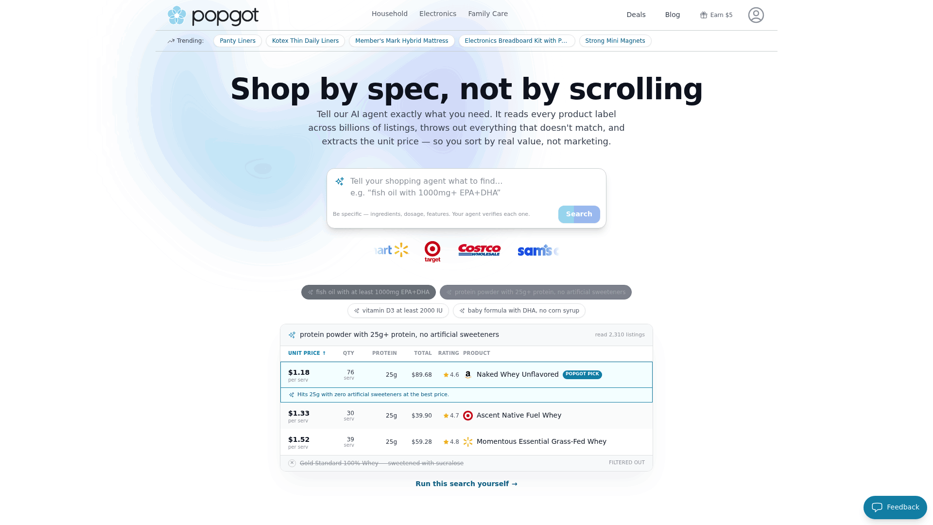 Screenshot: Screenshot of Popgot’s results for a specific ingredient specification (fish oil with at least 1000 mg EPA/DHA), highlighting AI verification and unit‑price sorting.