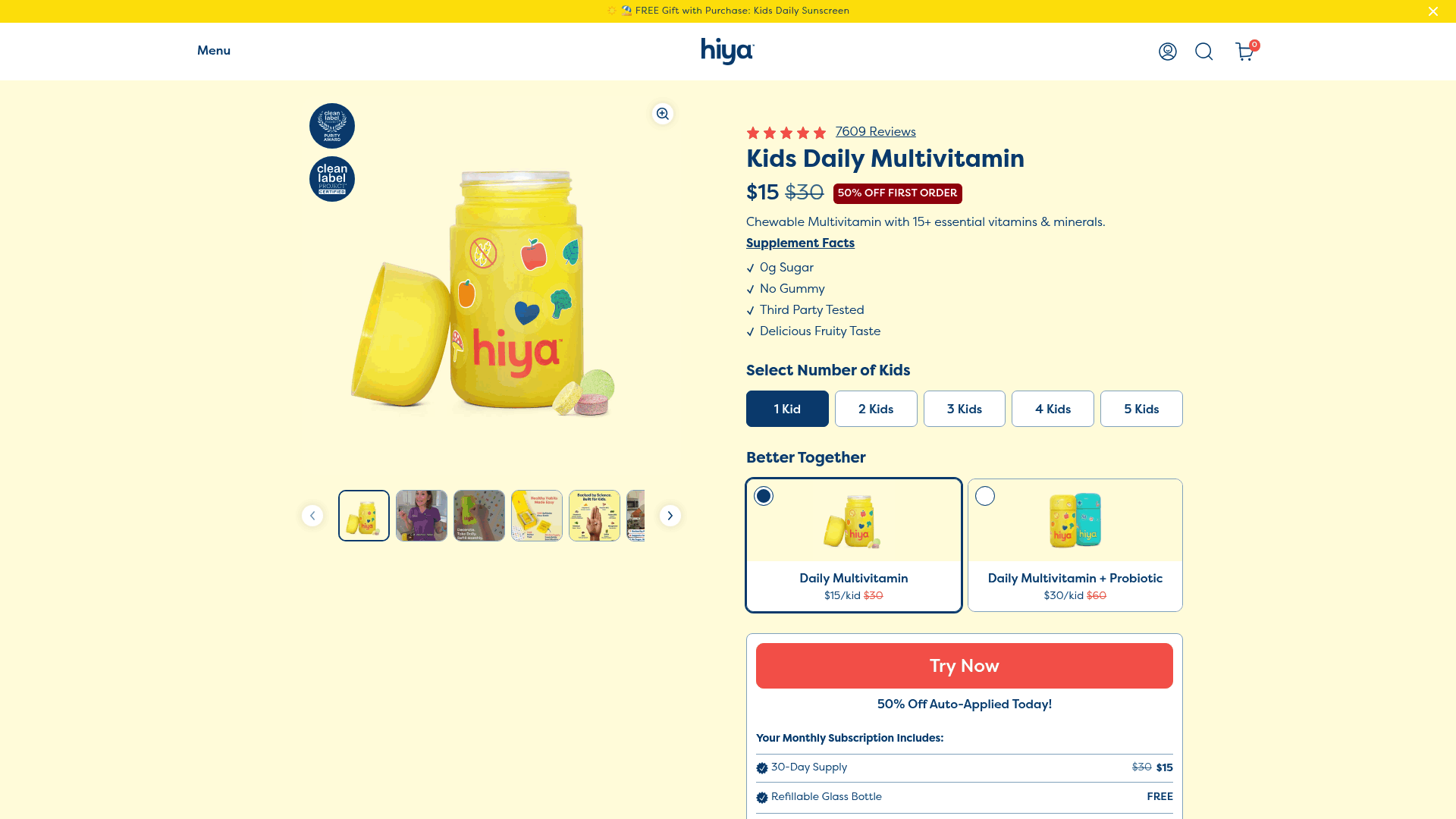Screenshot: Hiya product page showing price, subscription options, and a concise list of key benefits such as growth, immunity, and bone health.